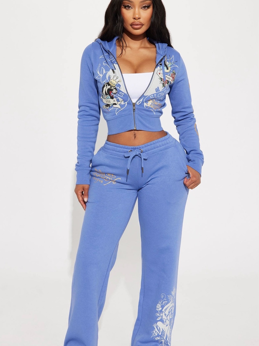 Complete Set Ed Hardy Free Bird Zip Up Sweat Pants Set - Blue